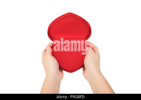 hands holding opened emty heart shaped box isolated on white background. Love, marriage, engagement, Valentine's day concept Stock Photo