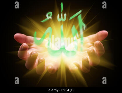 Hands cupped and holding or showing the Allah word. Arabic calligraphy with bright, glowing, shining light. Concept for Islam, Islamic, Muslim, Arab,  Stock Photo