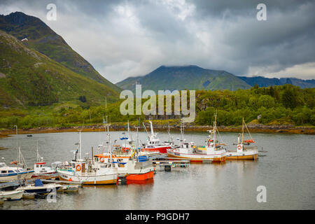 Fishing boats on moutain background, Lofoten island, Norway Stock Photo