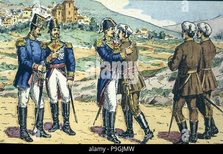 First Carlist War. 'Embrace of Vergara' among generals Espartero and Maroto, with which the Seven… Stock Photo