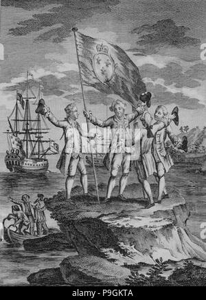 Bougainville raising the flag of France on a rock in the Strait of Magellan, engraving in the wor… Stock Photo