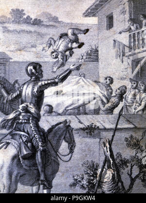 Engraving in an episode of Don Quixote, in 'El Ingenioso Hidalgo Don Quijote de la Mancha' (The I… Stock Photo