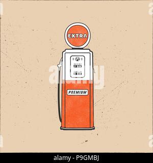 Retro style Gas station pump artwork. Vintage hand drawn design in distressed style. Unique gasoline pump illustration. Green and red colors palette. Stock vector isolated on grunge background Stock Vector