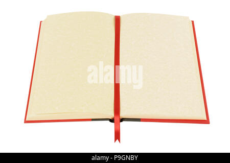 Old blank open book with red ribbon bookmark isolated on white background. Stock Photo