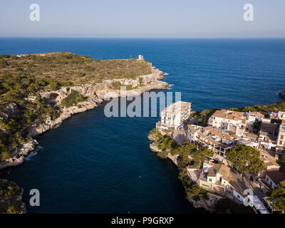 Aerial: Houses on the shore in Cala Figuera, Mallorca, Spain Stock Photo