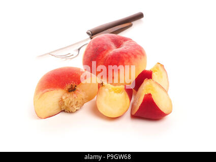 Tasty doughnut peaches on a white studio background, seasonal or healthy eating Stock Photo