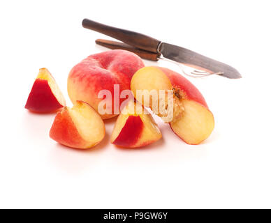 Tasty doughnut peaches on a white studio background, seasonal or healthy eating Stock Photo