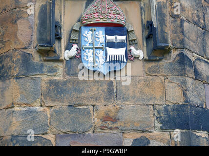 Durham City England UK Bishop of Durham and University of Durham Crest and Coat of Arms on Historic Buildings in Palace Green Stock Photo