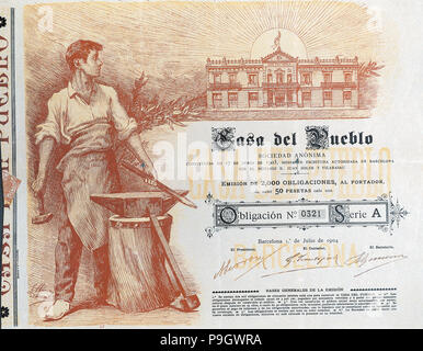 Mortgage bond of Casa del Pueblo, SA, established in Barcelona on 1st July 1904. Stock Photo