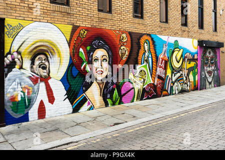 Mexican art work / graffiti on the wall, Bold Street, Liverpool, UK Stock Photo