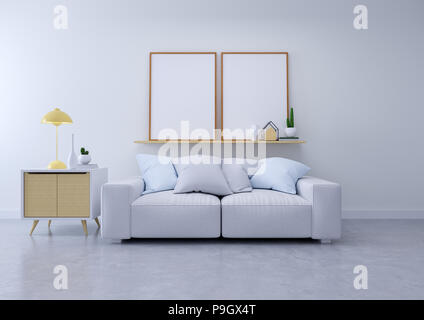Modern design  interior of living room, gray sofa on concrete flooring and white wall  ,3d rendering Stock Photo