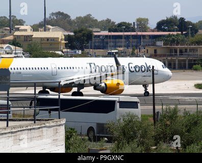 Thomas Cook Airlines Airbus A321, flight number G-TCDH, ready for take off at Ioannis Kapodistris airport in Corfu, Greece CFU Stock Photo