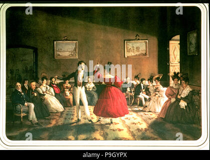 Dancing in a Buenos Aires ballroom, watercolor 1831. Stock Photo
