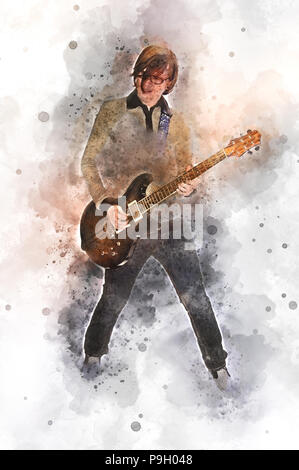 Digitally enhanced image of a young male Caucasian guitarist in his early 20s in black jeans playing an electric guitar full body shot. Stock Photo