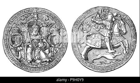 The Great Seal of Henry VIII (1491 – 1547),  King of England from 1509 until his death and the second Tudor monarch, succeeding his father, Henry VII. He is best known for his six marriages, in particular his efforts to have his first marriage, to Catherine of Aragon, annulled. His disagreement with the Pope on the question of such an annulment led Henry to initiate the English Reformation, separating the Church of England from papal authority. He appointed himself the Supreme Head of the Church of England and dissolved convents and monasteries, for which he was excommunicated. Stock Photo