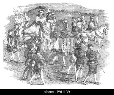 King Henry VIII of England entering the Field of the Cloth of Gold,  a site in Balinghem – between Ardres in France and Guînes in the then-English Pale of Calais – that hosted a summit from 7 to 24 June 1520, between Henry and King Francis I of France. It was arranged to increase the bond of friendship between the two kings following the Anglo-French treaty of 1514. These two monarchs would meet again in 1532 to arrange Francis's assistance in pressuring Pope Clement VII to pronounce Henry's first marriage as illegitimate. Stock Photo