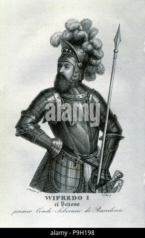 Guifre I 'the Hairy' (840 - 897), count of Cerdanya, Urgell, Barcelona, Girona and Besalú, engrav… Stock Photo