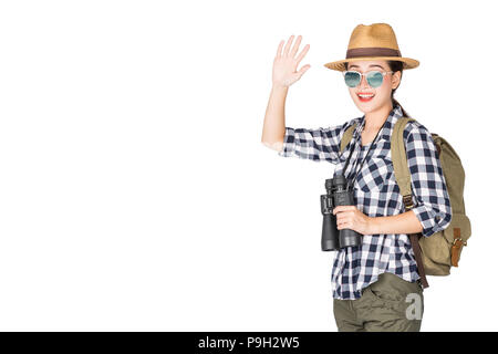 Woman with Binoculars and Telescope,Travel concept, isolated on white background Stock Photo