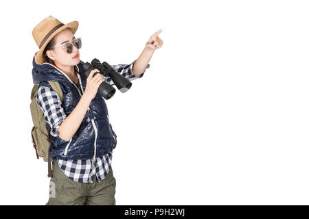 Woman with Binoculars and telescope,Travel concept isolated on white background Stock Photo