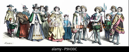 Personages of the court of Louis XIII, German Engraving 1860. Stock Photo