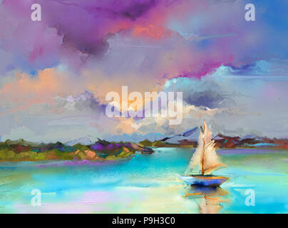 Colorful oil painting on canvas texture. Impressionism image of seascape paintings with sunlight background. Modern art oil paintings with boat Stock Photo