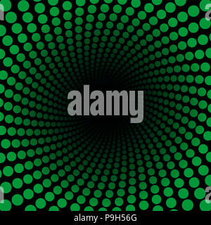 Spiral pattern with green dots, tunnel with black center - twisted circular fractal background illustration. Stock Photo