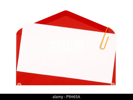 Red envelope with blank birthday invitation or greetings card, top view, copy space, isolated on white Stock Photo