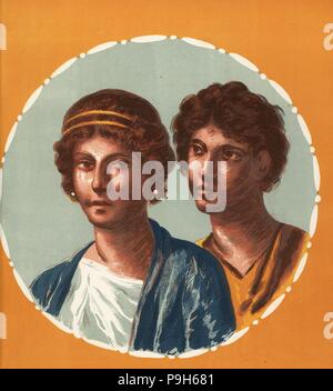Portrait of a man and woman from an unidentified house in Pompeii. Chromolithograph by Victor Steeger after an illustration by Geremia Discanno from Emile Presuhn’s Les Plus Belles Peintures de Pompei (The Most Beautiful Paintings of Pompeii), Leipzig, 1881. Stock Photo