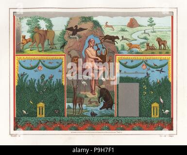 Wall painting of Orpheus with lyre from the viridarium (garden) of the House of Vesonius Primus, a fuller. He is surrounded by animals including a lion, cougar, boar, stag, rabbit, and blue flamingo. Chromolithograph by Victor Steeger after an illustration by Geremia Discanno from Emile Presuhn’s Les Plus Belles Peintures de Pompei (The Most Beautiful Paintings of Pompeii), Leipzig, 1881. Stock Photo