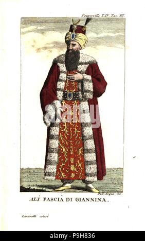 Ali Pasha of Ioannina, Muslim Albanian ruler of western Rumelia, the Lion of Yannina (1740-1822). Illustration from Francois Pouqueville’s Travels through More, Albania and several other parts of the Ottoman Empire, 1805. Copperplate engraving by Dell'Acqua handcoloured by Lazaretti from Giovanni Battista Sonzogno’s Collection of the Most Interesting Voyages (Raccolta de Viaggi Piu Interessanti), Milan, 1815-1817. Stock Photo