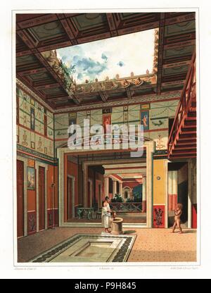 House of the Tragic Poet, Pompeii VI.8.5. Slave boy filling an amphora at the well near the impluvium pool in the tablinum. In the background, the peristyle garden courtyard and aedicula lararium shrine. Chromolithograph by D. Capri after an illustration by G. Discanno from Antonio Niccolini’s Pompeii: Views and Restorations (Pompeii: Essaies et Restaurations), published by Zucchi & De Luca, Naples, 1898. Antonio was grandson of the architect Antonio Niccolini Sr.