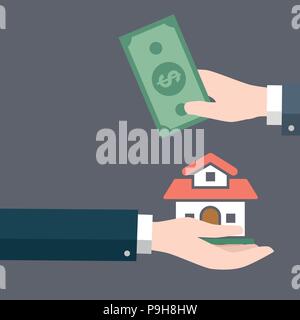 Businessman Hand gives home to other hand with money cash. rental house, exchange conceptual property for sale, real estate conceptual - Vector flat d Stock Vector