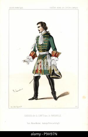 Bass-baritone Edouard Gassier in the role of the Comte in Auber's La Barcarolle, Opera Comique, 1845. Handcoloured lithograph after an illustration by Alexandre Lacauchie from Victor Dollet's Galerie Dramatique: Costumes des Theatres de Paris, Paris, 1845. Stock Photo