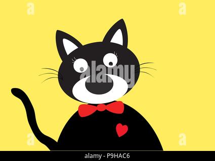 Valentines card design with cute black cat with bow tie red heart  and copy spaced bow tie Stock Vector