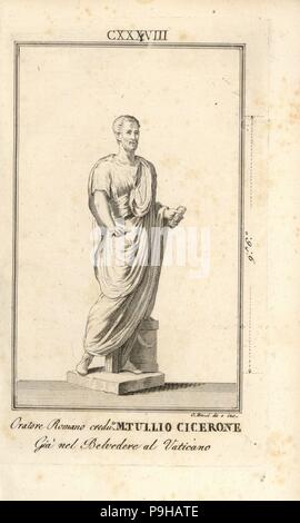 Statue of a Roman orator and politician believed to be Marcus Tullius Cicero. From the Belvedere Courtyard in the Vatican. Copperplate engraving after an illustration by Giacomo Bossi from Pietro Paolo Montagnani-Mirabili's Il Museo Capitolino (The Capitoline Museum), Rome, 1820. Stock Photo