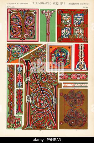 Medieval illuminated manuscripts from the 12th century 1-12, and 13th century 13. Chromolithograph by Francis Bedford from Owen Jones' The Grammar of Ornament, Quaritch, London, 1868. Stock Photo