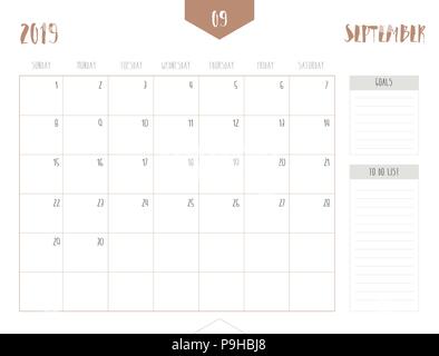 Vector of calendar 2019 ( September ) in simple clean table style with goals and to do list box; full size 21 x 16 cm; Week start on Sunday Stock Vector