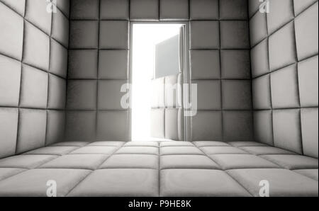 An empty white padded cell with an open door in a mental hospital - 3D ...