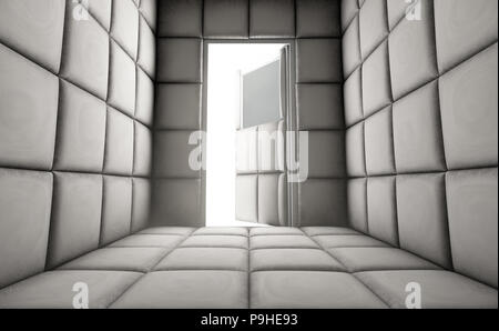 An empty white padded cell with an open door in a mental hospital - 3D ...