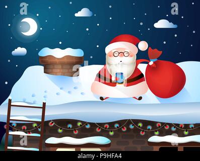 Christmas card. Santa carries gifts to their homes Stock Vector