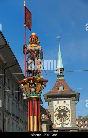 Zähringen fountain bear statue and Zytglogge clock tower Old Town Bern Switzerland Stock Photo
