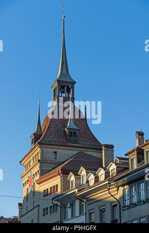 Bärenplatz houses and clock tower Old Town Bern Switzerland Stock Photo