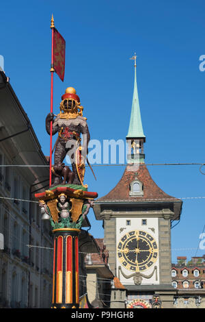 Zähringen fountain bear statue and Zytglogge clock tower Old Town Bern Switzerland Stock Photo