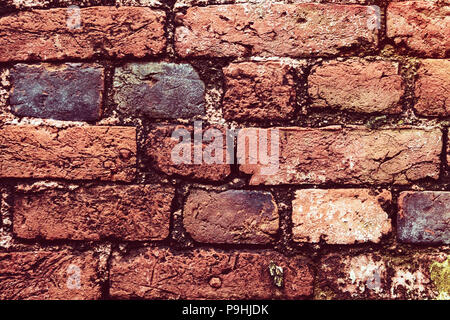 Rundown Red Old Vintage Urban Brick Wall Background. Retro Brickwall Square Wallpaper. Shabby Grunge Frame Texture. Red - Brown textured Brick Wall Wi Stock Photo