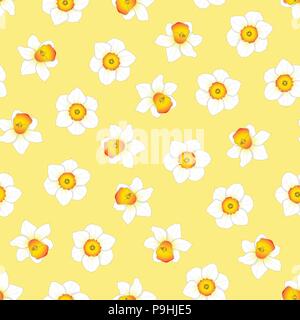 White Daffodil - Narcissus Flower on Yellow Background. Vector Illustration. Stock Vector