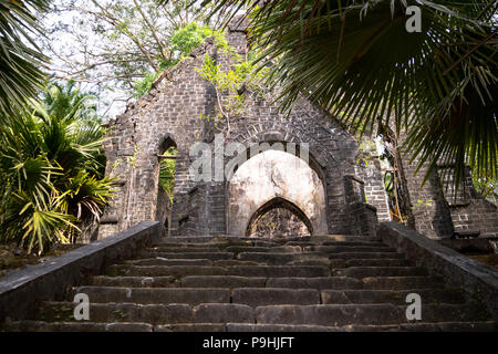 bleak stone staircase in jungle. Old presbyterian church ruins Ross Island, port blair, Andaman and Nicobar India. the old abandoned staircase. Entran Stock Photo