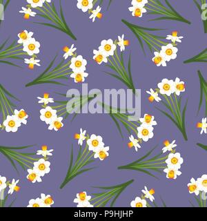 White Daffodil - Narcissus Seamless on Purple Background. Vector Illustration. Stock Vector