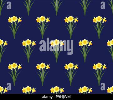 Yellow Daffodil - Narcissus Seamless on Navy Blue Background. Vector Illustration. Stock Vector