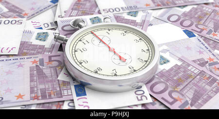 Time is money concept. Stopwatch, timer on 500 euro banknotes background. 3d illustration Stock Photo