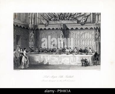 Dessert course in the Grand Banquet on November 9th at the Lord Mayor's Table, Guildhall. A wood panelled room with statues of King Edward VI, Queen Elizabeth and King Charles I. Steel engraving by J. Shury after an illustration by Thomas Hosmer Shepherd from London Interiors, Their Costumes and Ceremonies, Joshua Mead, London, 1841. Stock Photo
